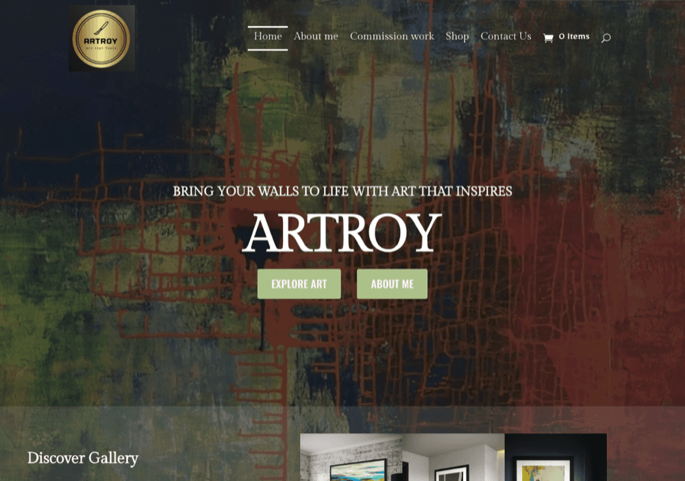 The Artroy online gallery homepage, showing original paintings for sale.